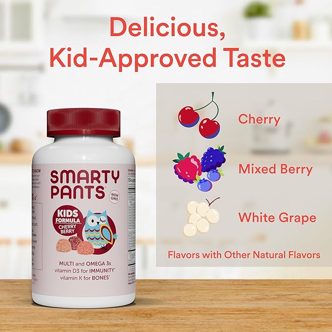 SmartyPants Kids Multivitamin Gummies: Omega 3 Fish Oil (EPA/DHA), Vitamin D3, C, Vitamin B12, B6, Vitamin A, K & Zinc for Immune Support, Grape, Cherry & Berry Flavors, 120 Count (30 Day Supply)