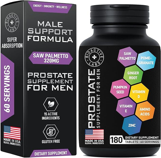 Prostate Health Supplements - Saw Palmetto For Men 320 mg, Pumpkin Seed Extract - Prostate Support Supplement For Men's Health, Healthy Prostate Function - 180 Prostate Supplement Tablets, 60 Serves