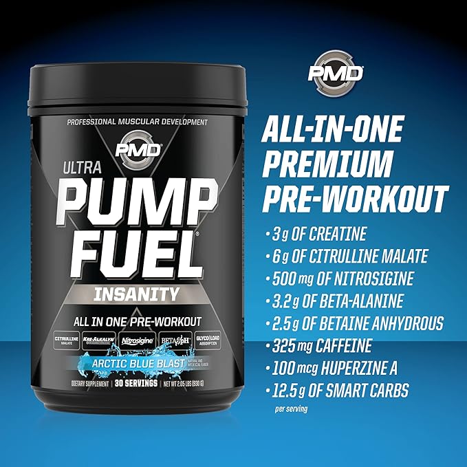 PMD Sports Ultra Pump Fuel Insanity - Pre Workout Drink Mix for Energy, Strength, Endurance, Recovery - Complex Carbohydrates and Amino Energy - Arctic Blue Blast (30 Servings)