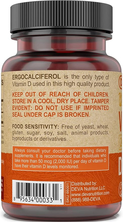DEVA Vegan Vitamin D2 60 mcg 2400 IU, Ergocalciferol Supplement with No Animal Ingredients, 90 Tablets (Pack of 3)