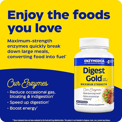 Enzymedica Digest Gold + ATPro, Maximum Strength, Fast-Acting, Helps Digest Large Meals, Prevents Bloating and Gas, 90 Count (FFP)