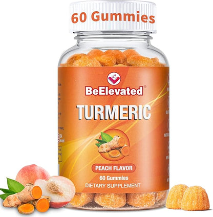 Turmeric Curcumin Gummies for Adults - Extract 8:1 2000mg - Black Pepper and Ginger Supplements for Joint Support - Vegan Chewable Vitamins Supplement - Peach Flavor Turmeric Gummy Chews