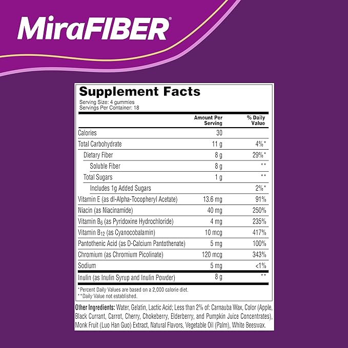 MiraFIBER Gummies | From The Gut Experts at MiraLAX | 8g of Daily Prebiotic Fiber with B Vitamins to Support Digestive Health and Metabolism | Fruit Flavored Fiber Gummies, 72 Count