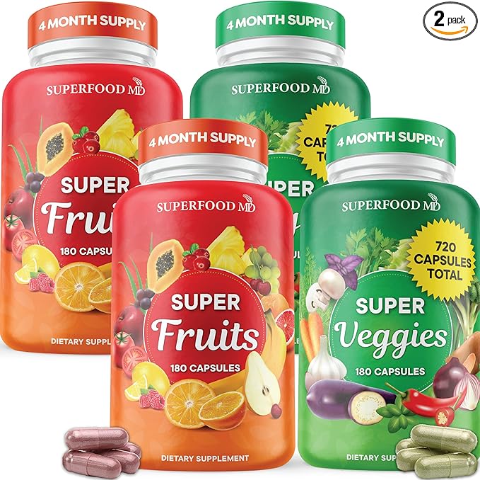 Superfood Fruit and Veggie Supplement - Fruit and Veggie Capsules 100% Whole Super Fruit and Super Vegetable Supplements & Vitamins, with Olive Leaf (720 Count (Pack of 4))