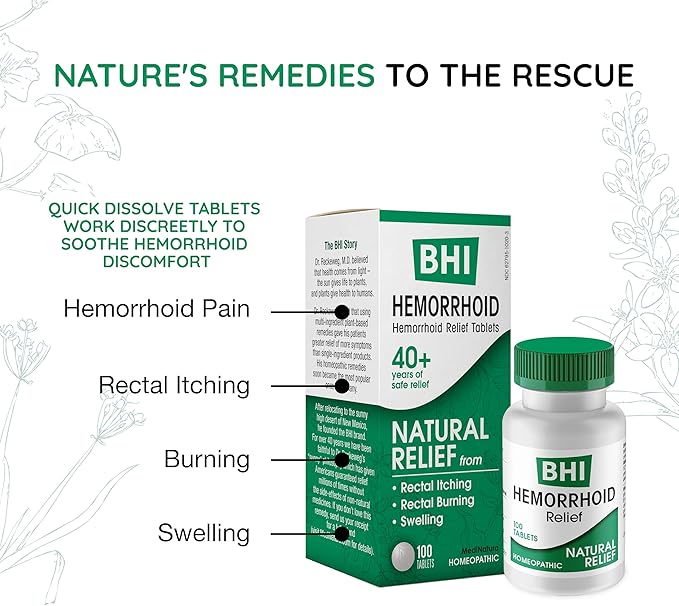 BHI Natural Hemorrhoid Relief Soothes Burning, Swelling, Itching, Rectal Pain & Discomfort 8 Maximum Strength Homeopathic Active Ingredients Ease from The Inside for Women & Men - 100 Tablets