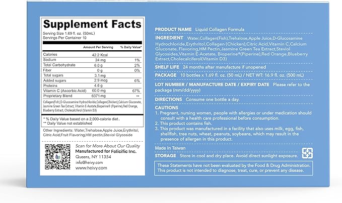 Marine Collagen Liquid, Collagen Drink, Marine Collagen, Liquid Collagen for Women for Hair Growth, Skin Repair, 1.69 Fl Oz (Pack of 10), Collagen Drink for Joints&Bones