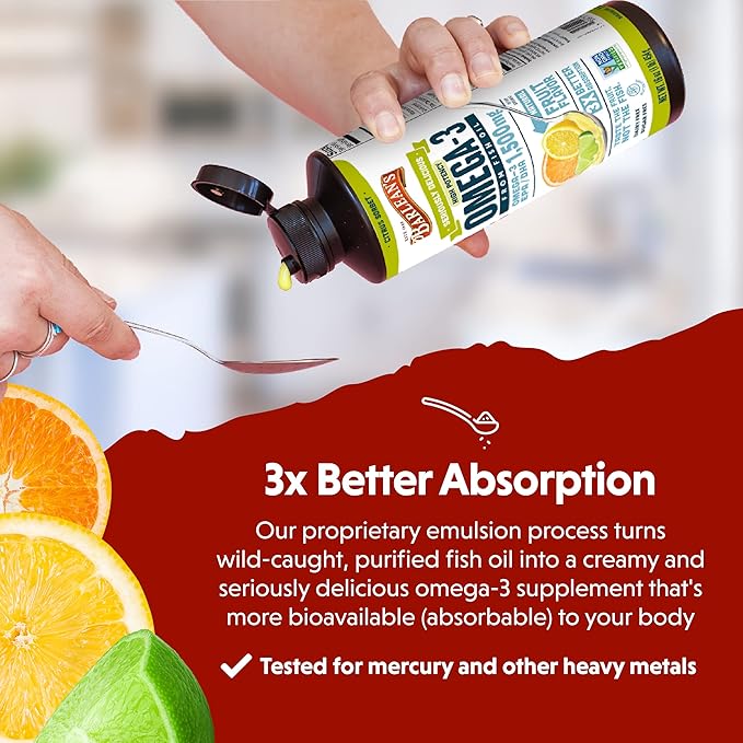 Barlean's Citrus Sorbet High Potency Omega 3 Fish Oil Liquid Supplement, 1500mg of EPA & DHA Fatty Acid, Smoothie Flavored & Burpless for Brain, Joint, & Heart Health, 16 oz