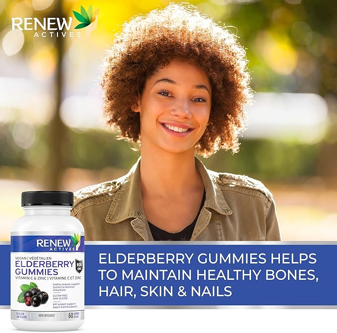 Renew Actives Vegan Elderberry Gummies with Vitamin C & Zinc - Antioxidants for Immune Function & Healthy Development of Bones, Cartilage, Hair, Nails, and Skin - 60 Gummies
