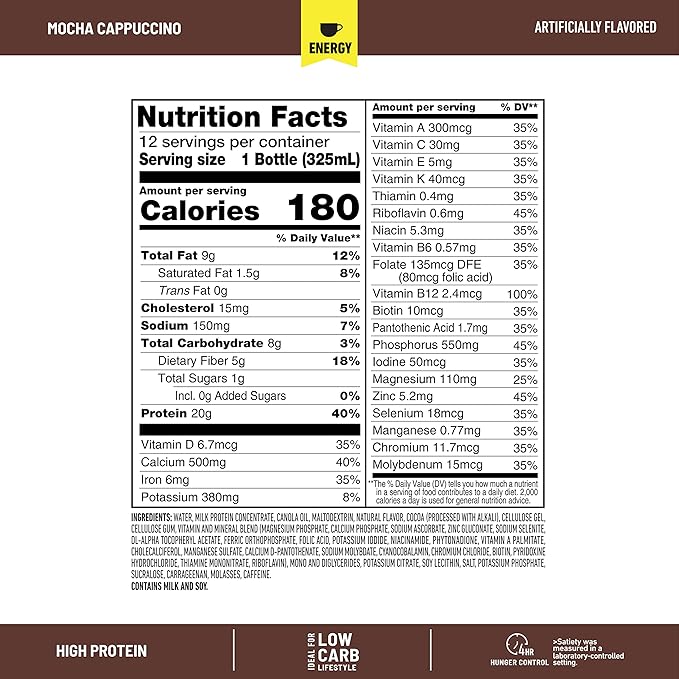 SlimFast Advanced Energy High Protein Meal Replacement Shake, Mocha Cappuccino, 20g of Ready to Drink Protein with Caffeine, 11 Fl. Oz Bottle, 4 Count (Pack of 3) (Packaging May Vary)