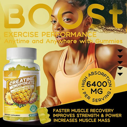 Creatine Monohydrate Gummies Complex 6400mg for Men & Women -Advanced Formula W/L-Taurine + Vitamin B12, Sugar Free Chewable Supplement,90 Pineapple Gummies