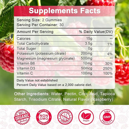 Potassium Magnesium Supplement Gummies with Potassium Citrate 200mg + Magnesium Glycinate 500mg for Bone & Muscle Relaxation,Mood & Energy Support.High Absorption Vitamin B6, D3, C.Raspberry Flavor