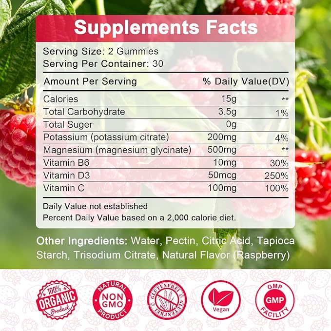 Potassium Magnesium Supplement Gummies with Potassium Citrate 200mg + Magnesium Glycinate 500mg for Bone & Muscle Relaxation,Mood & Energy Support.High Absorption Vitamin B6, D3, C.Raspberry Flavor