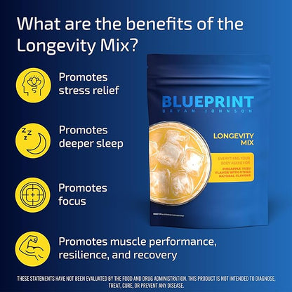 Blueprint Bryan Johnson Longevity Mix - Muscle Builder & Recovery Supplement - Promotes Focus and Stress Relief - Creatine, Ashwagandha, L-Theanine, Calcium - Vegan, Keto Friendly (Pineapple Yuzu)