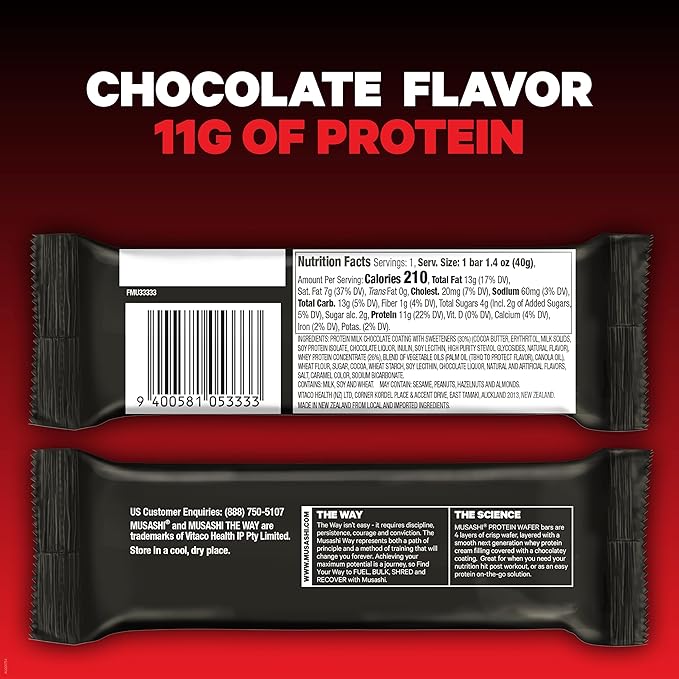MUSASHI Protein Wafer Bar, 11g Protein, 4g Total Sugars, Chocolate Flavored, Post Workout and Protein Snack On The Go, 12 Pack of 1.4oz (40g) Bars