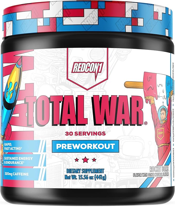 REDCON1 Total War Preworkout - Contains 320mg of Caffeine from Green Tea, Juniper & Beta Alanine - Pre Work Out with Amino Acids to Increase Pump, Energy + Endurance (Rocket Bomb, 30 Servings)