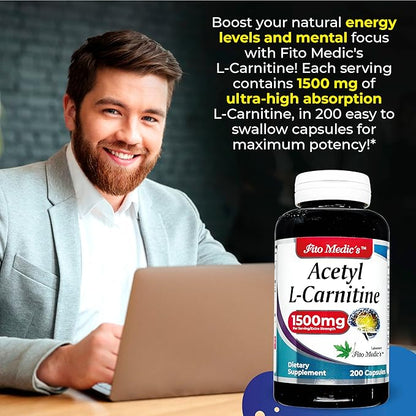 Lab - l carnitine - 1500 mg per Serving, 200 Capsules, l-carnitine - High Potency of - Acetyl l-carnitine -Supports Natural Energy Production, Supports Memory-Focus - carnitine - High Absorption.