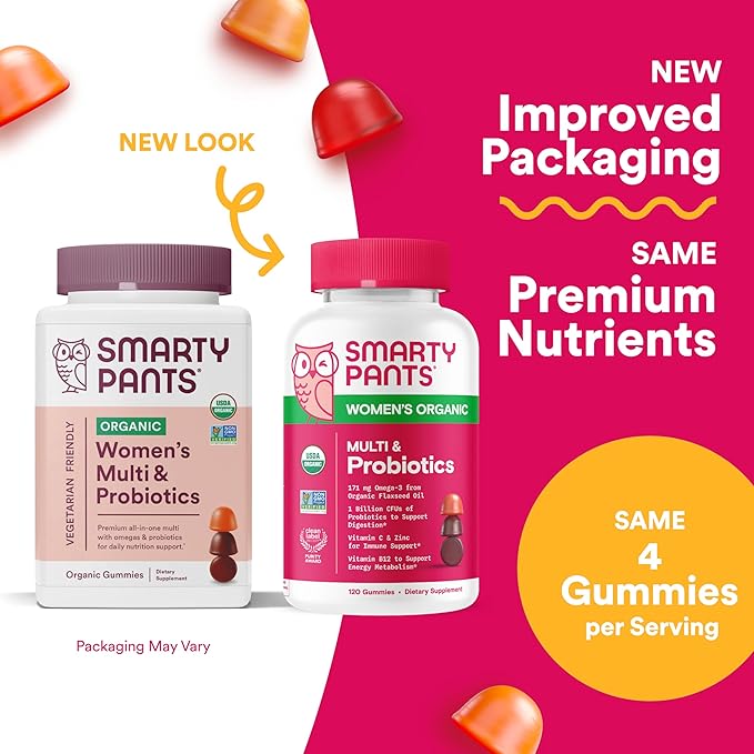 SmartyPants Organic Women's Multivitamin Gummies: Biotin, Probiotics, Methylfolate, Omega 3 (ALA), Vitamin D3, C, Vitamin B12, B6, Vitamin A, K & Zinc, Gluten Free, 120 Count (30 Day Supply)