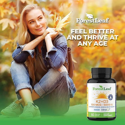 ForestLeaf Vitamin D3 + K2 (MK7) Supplement - MenaQ7 - Calcium and Vitamin D3 5000 IU Max Absorption - Teeth and Bone Strength, Heart Health, Immune System Support - 60 Veggie Capsules