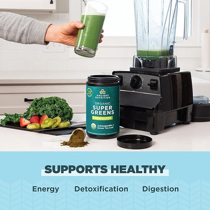 Organic SuperGreens Energizer Powder with Probiotics and B12 by Ancient Nutrition, Made from Real Fruits, Vegetables and Herbs, for Digestive, Detoxification and Energy Support, 25 Servings