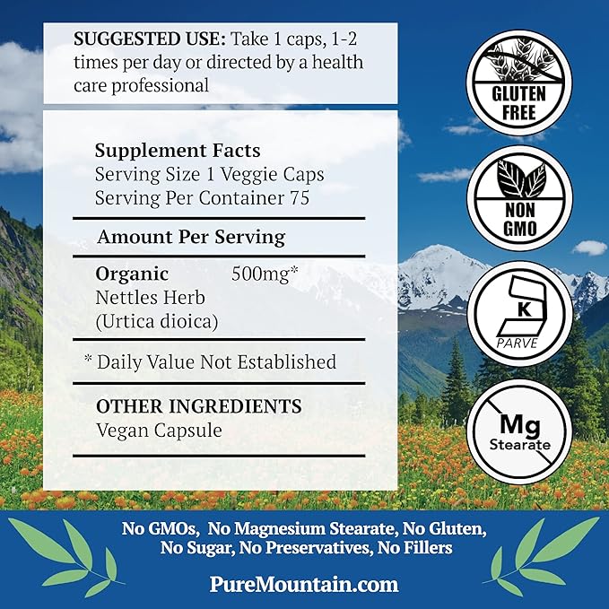 Pure Mountain Botanicals Stinging Nettle Leaf Capsules - Kosher Vegan Caps with 500mg Organic Stinging Nettles Leaf