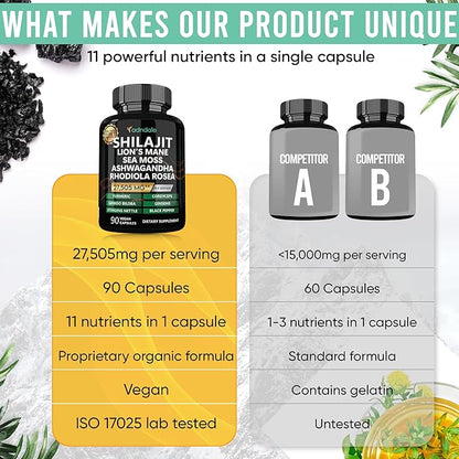 Shilajit for Men 11-in-1 Pure Himalayan Organic Shilajit Capsules with Sea Moss Ashwagandha Rhodiola Rosea Panax Ginseng Turmeric Lion’s Mane Ginkgo. Shilajit Capsules for Women.