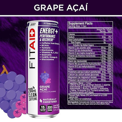 LIFEAID FITAID Energy Grape AÇAI, 200mg Natural Caffeine, Keto, Pre-Workout Performance: BCAAs, Quercetin, Electrolytes, Omega-3s, 15 Calories, Paleo, Vegan & Gluten-Free, 12-oz (Pack of 12)