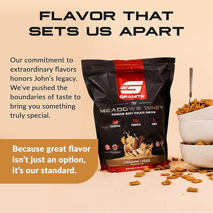 Granite Supplements The Meadows Whey Protein Isolate - (30 Servings) Whey Protein Powder - 150 Calories, 2g Fiber, 1g Sugar Protein Whey for Lean Muscle - Cinnamon Cereal Flavored Protein Powder