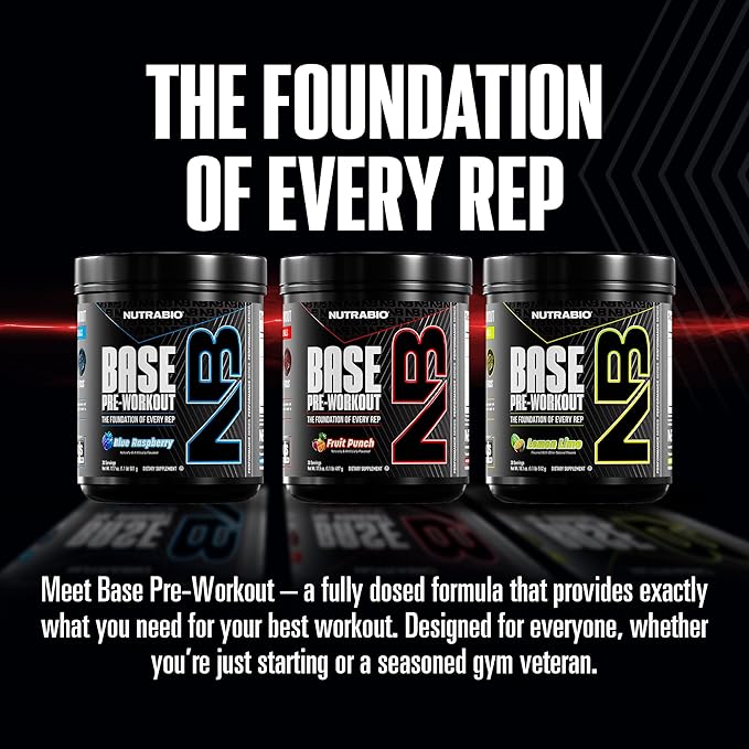 NutraBio Base Pre-Workout Sports Nutrition Powder - Sustained Energy, Mental Focus, Endurance, Hydration - Preworkout for Men and Women - Increase Energy- 30 Servings - Fruit Punch