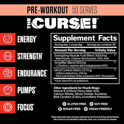 JNX SPORTS The Curse! Pre Workout Powder - Peach Rings 50 Servings | Preworkout: Boost Strength, Energy + Focus for Men & Women | Caffeine, Beta-Alanine, Creatine & L-Citrulline