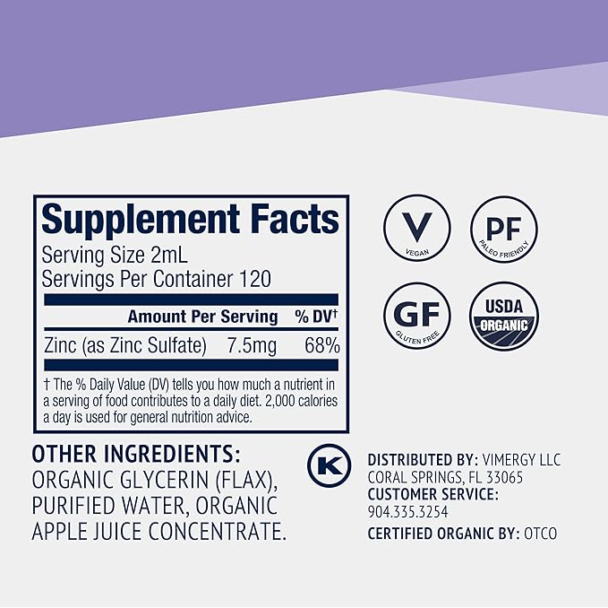 Vimergy Liquid Zinc Refill – Fast-Absorbing Immune Support* – Promotes Healthy Bones & Skin – USDA Certified Organic, Vegan, Non-GMO – 120 Servings (240 mL)