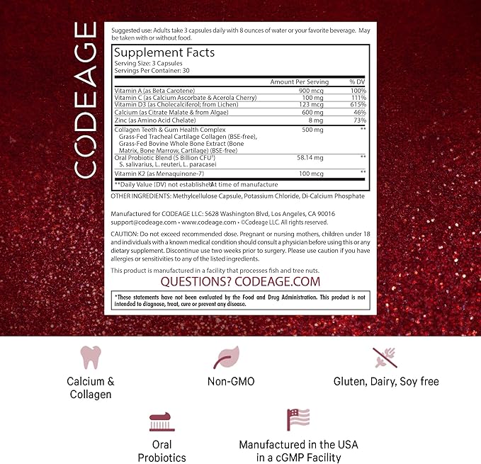 Codeage Teeth & Gums Vitamins + Oral Probiotics Supplement for Mouth - Whole Food Calcium, Collagen, Potassium, Vitamin C, D3, K2, Zinc – Oral Care & Dental Multivitamin Supplements - 90 Capsules