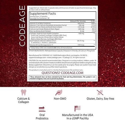Codeage Teeth & Gums Vitamins + Oral Probiotics Supplement for Mouth - Whole Food Calcium, Collagen, Potassium, Vitamin C, D3, K2, Zinc – Oral Care & Dental Multivitamin Supplements - 90 Capsules