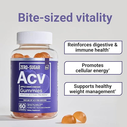 Essential Elements Zero-Sugar ACV Apple Cider Vinegar Gummies from “The Mother” - Naturally-Sourced, Vegan ACV Gummies with Chromium 60 Count