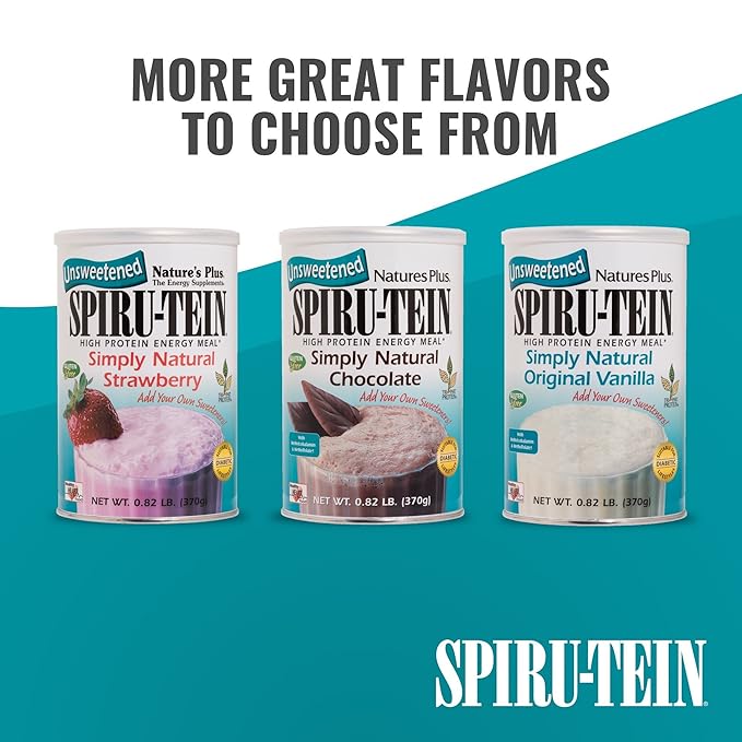 Natures Plus Simply Natural SPIRU-TEIN Shake - Unsweetened Chocolate - 0.82 lb Protein Powder- Meal Replacement - Natural Energy - Supports Diabetic Lifestyle - Vegetarian, 16 Servings