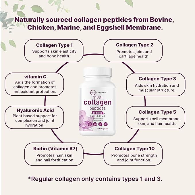 Micro Ingredients Multi Collagen Pills for Women & Men, 240 Capsules | Type I, II, III, V, X - Hydrolyzed Collagen Peptides with Biotin, Hyaluronic Acid & Vitamin C | Hair, Skin, Nail & Joint Support