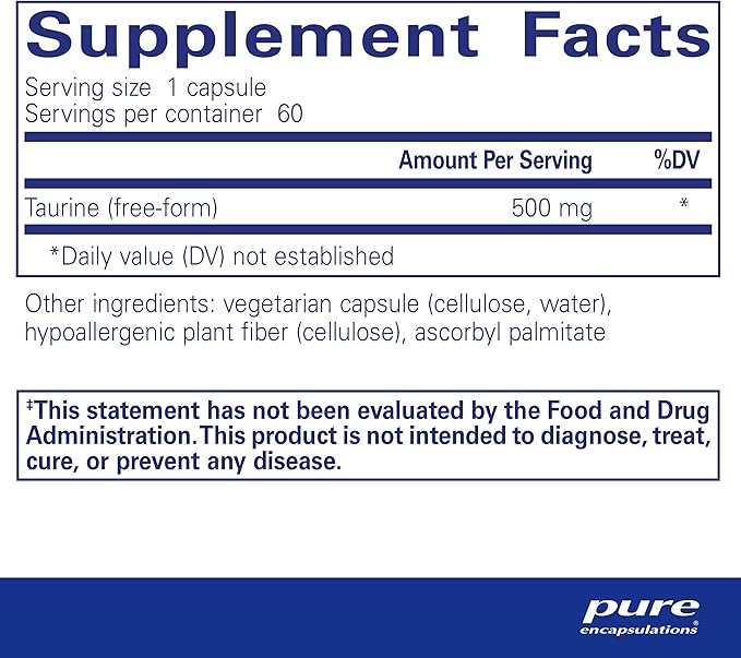Pure Encapsulations Taurine 500 mg | Amino Acid Supplement for Liver, Eye Health, Antioxidants, Heart, Brain, and Muscles* | 60 Capsules