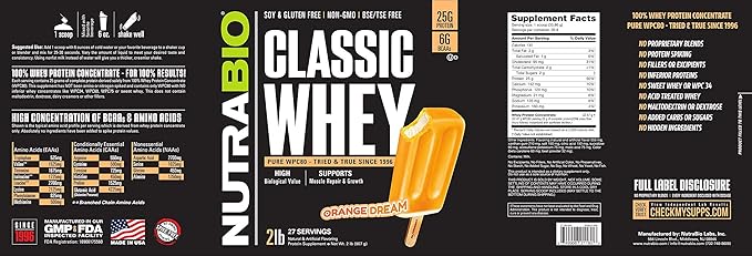 NutraBio Classic Whey Protein Powder- 25G of Protein Per Scoop - Full-Spectrum Amino Acid Profile - No Fillers, Artificial Colors, Preservatives - Orange Dream, 2 Pounds