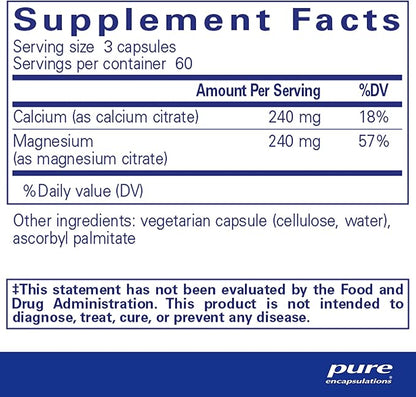 Pure Encapsulations Calcium Magnesium (Citrate) - 240 g Calcium & 240 g Magnesium - Bone Health Support - Non-GMO & Vegan - 180 Capsules