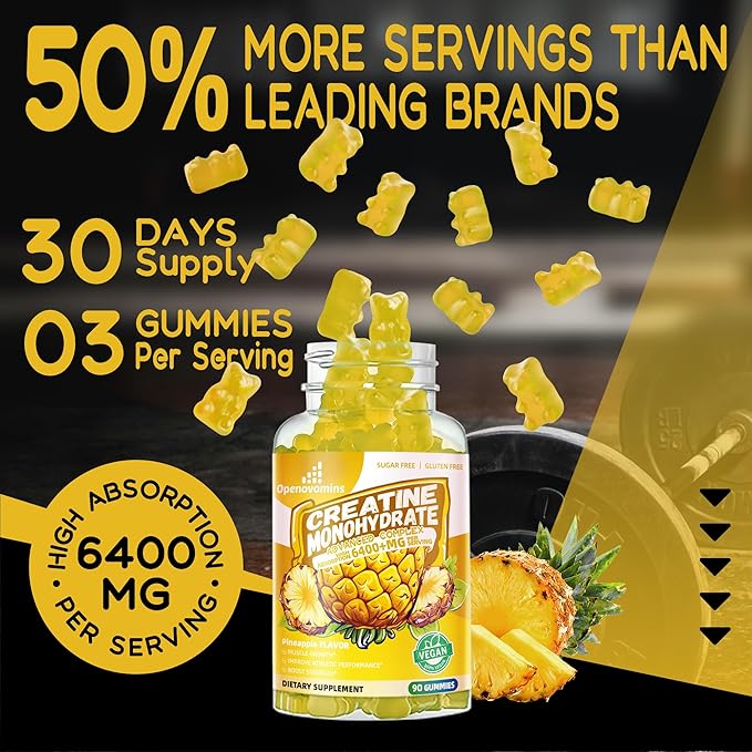 Creatine Monohydrate Gummies Complex 6400mg for Men & Women -Advanced Formula W/L-Taurine + Vitamin B12, Sugar Free Chewable Supplement,90 Pineapple Gummies
