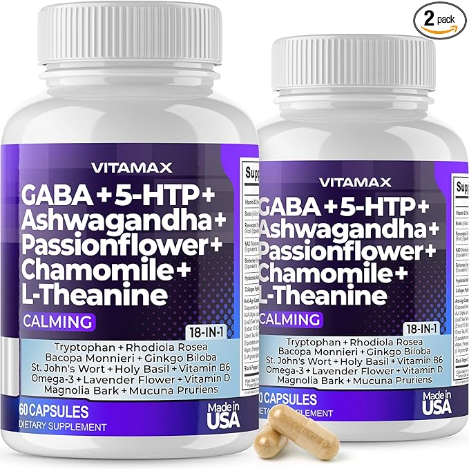 GABA 500mg 5 HTP 150mg Ginkgo Biloba L Tryptophan 500mg L Theanine 200mg Ashwagandha 2000mg - Calming Vitamins for Men and Women with - Made in USA - 120ct
