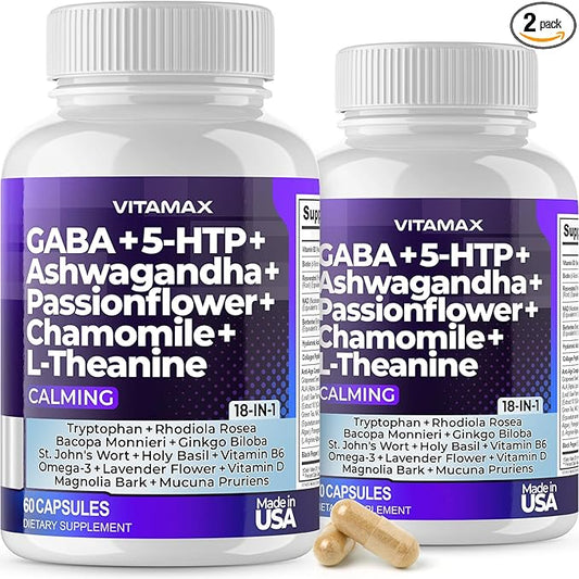 GABA 500mg 5 HTP 150mg Ginkgo Biloba L Tryptophan 500mg L Theanine 200mg Ashwagandha 2000mg - Calming Vitamins for Men and Women with - Made in USA - 120ct
