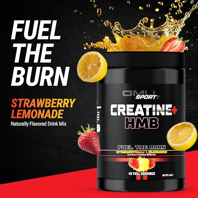 GMU SPORT - Creatine Monohydrate with HMB Powder - 45 Servings, Creatine HMB Supplements, Creatine with HMB for Increased Strength, Muscle Growth & Enhanced Energy, 3G HMB, Strawberry Lemonade