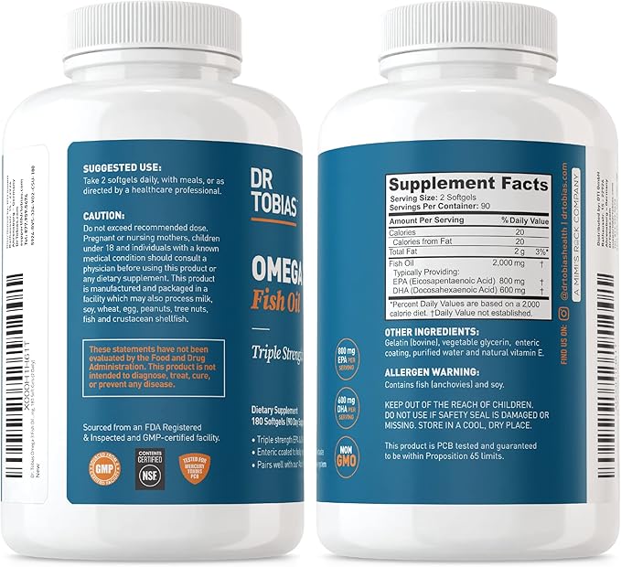Dr. Tobias Omega 3 Fish Oil, 2000mg Triple Strength Omega 3 Supplement with 800mg EPA 600mg DHA Per Serving, Fish Oil Omega 3 Supplements for Heart, Brain & Immune Support, 360 Softgels, 180 Servings