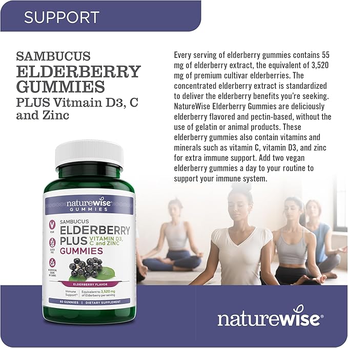 NatureWise Sambucus Elderberry Gummies - Immune Support Supplement for Kids Ages 4+ & Adults with Vitamin C, D3, Zinc - Elderberries Equivalent to 3520mg - Vegan, Non-GMO - 60 Count[30-Day Supply]