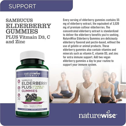 NatureWise Sambucus Elderberry Gummies - Immune Support Supplement for Kids Ages 4+ & Adults with Vitamin C, D3, Zinc - Elderberries Equivalent to 3520mg - Vegan, Non-GMO - 60 Count[30-Day Supply]