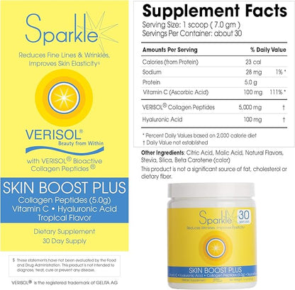 Sparkle Wellness Skin Boost Plus (Tropical) [30-Serves] | Collagen Powder Supplement with VERISOL Bioactive Hydrolyzed Collagen Peptides, Vitamin C & Hyaluronic Acid