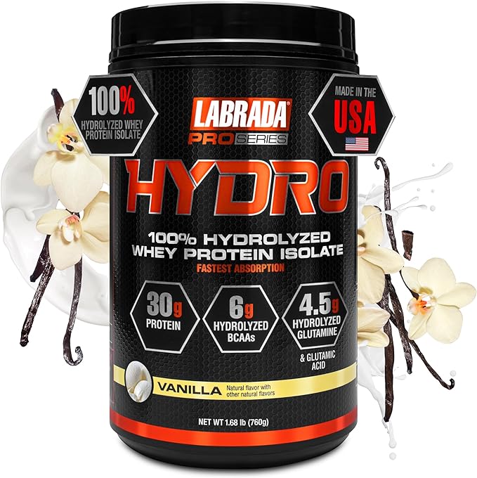 Labrada Hydro 100% Pure Hydrolyzed Whey Protein Isolate Powder, Lactose Free, 6g BCAA’s, 4.5g Glutamine, Fastest Digesting Whey Available, Instant Mixing, Delicious Taste 20 Servings (Vanilla)