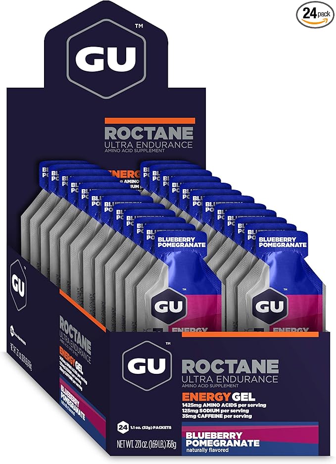 GU Energy Roctane Ultra Endurance Energy Gel, Vegan, Gluten-Free, Kosher, and Dairy-Free On-The-Go Sports Nutrition for Running, Biking, Hiking or Skiing, Blueberry Pomegranate, 24-Count