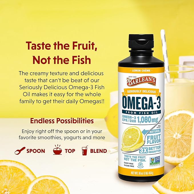 Barlean's Lemon Crème Omega 3 Fish Oil Liquid Supplement, 1080mg of Omega 3 EPA & DHA Fatty Acid, Smoothie Flavored & Burpless for Brain, Joint, & Heart Health, 8 oz