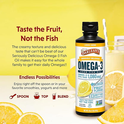 Barlean's Lemon Crème Omega 3 Fish Oil Liquid Supplement, 1080mg of Omega 3 EPA & DHA Fatty Acid, Smoothie Flavored & Burpless for Brain, Joint, & Heart Health, 8 oz